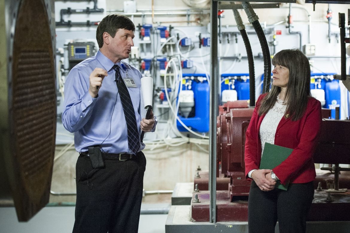 KGH Manager of Plant Operations &amp; Maintenance Gary Greene and MPP Sophie Kiwala tour a mechanical room