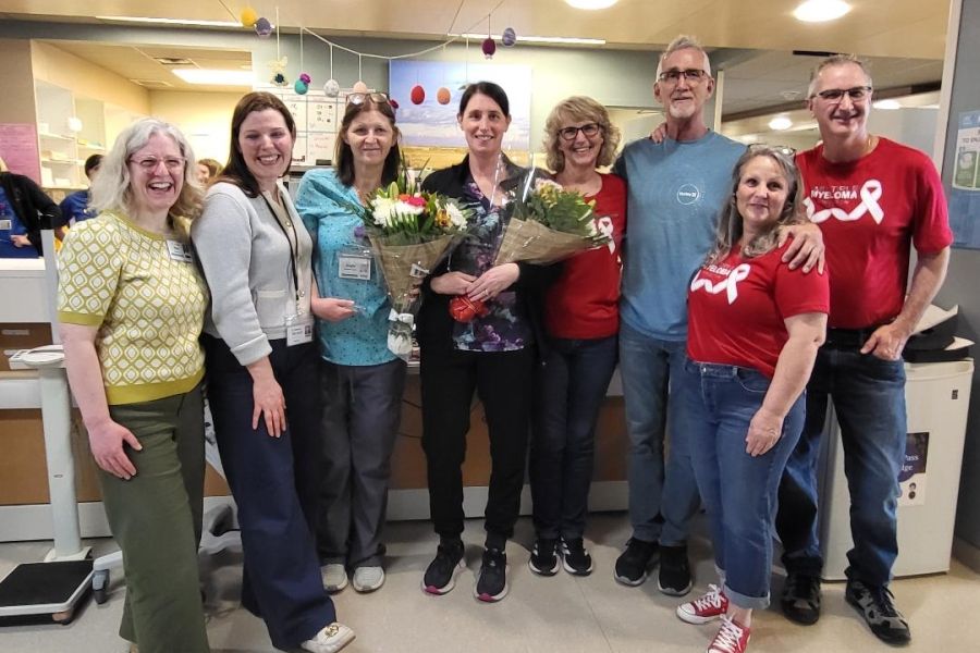 Staff from KHSC's oncology team and representatives from Myeloma Canada pose with winners Angie Bauder and Julie Williams (centre)