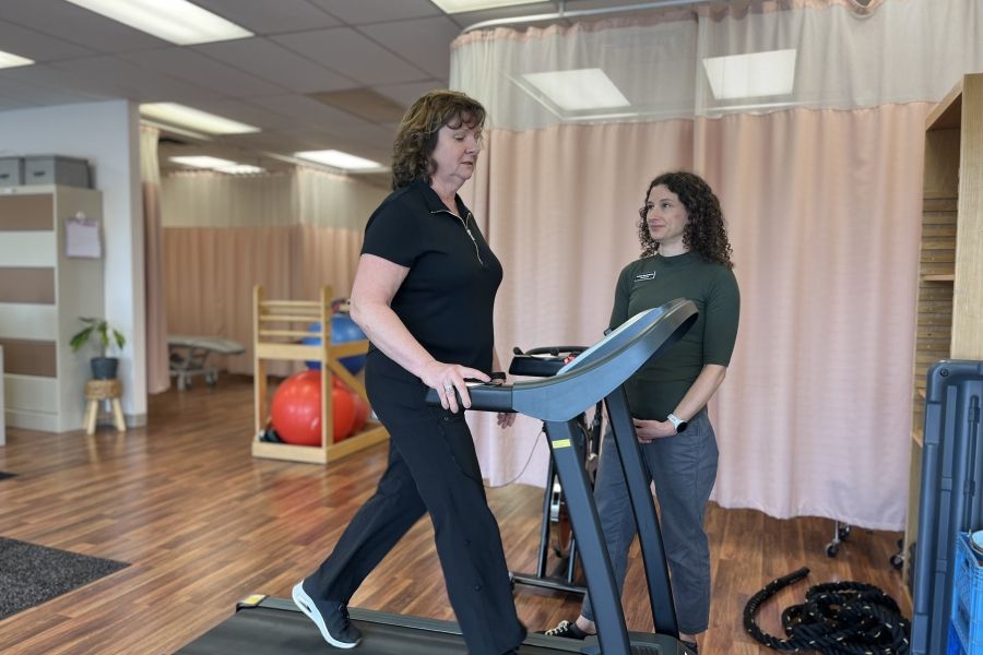 Local patient Terri works with her physiotherapist as part of the trial