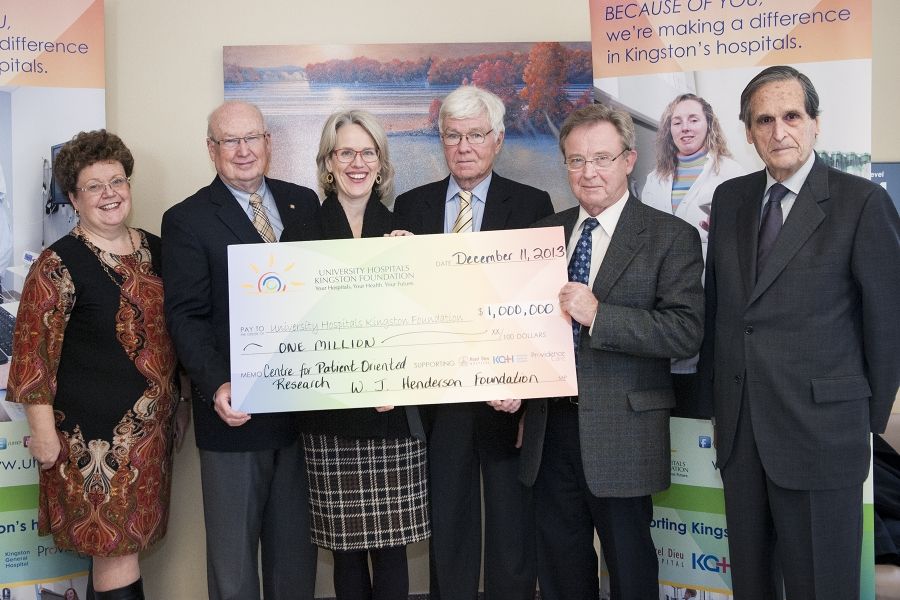 Members of the W. J. Henderson Foundation present a $1 million cheque to KGH. (left to right) Denise Cumming Executive Director, UHKF; Ian Wilson, Co-chair UHKF Centre for Patient-Oriented Care Development Council; CEO Leslee Thompson; David Pattenden, Director W. J. Henderson Foundation; Dr. Roger Deeley, VP of Health Sciences Research; Michael Hickey, VP W. J. Henderson Foundation.