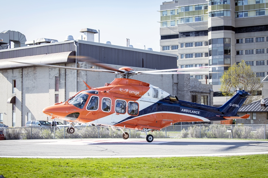 An Ornge air ambulance lands at the KGH site